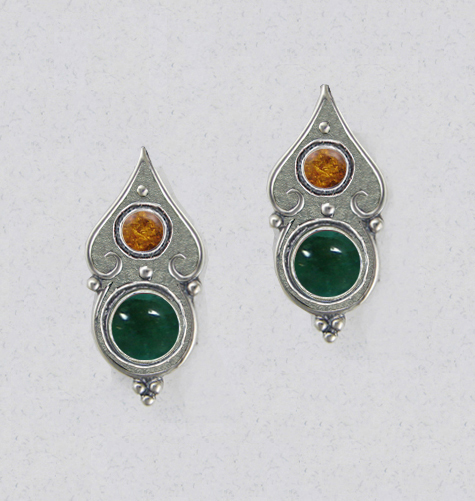 Sterling Silver Gothic Look Post Stud Earrings With Fluorite And Amber